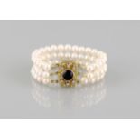 Bracelet Choker with three rows of 69 selected pearls, unusual14ct. gold locker with eight