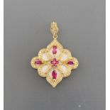 Pendant 18ct. yellow gold with bone plate, eight rubies, total 0.45 ct. and small diamonds total 0.