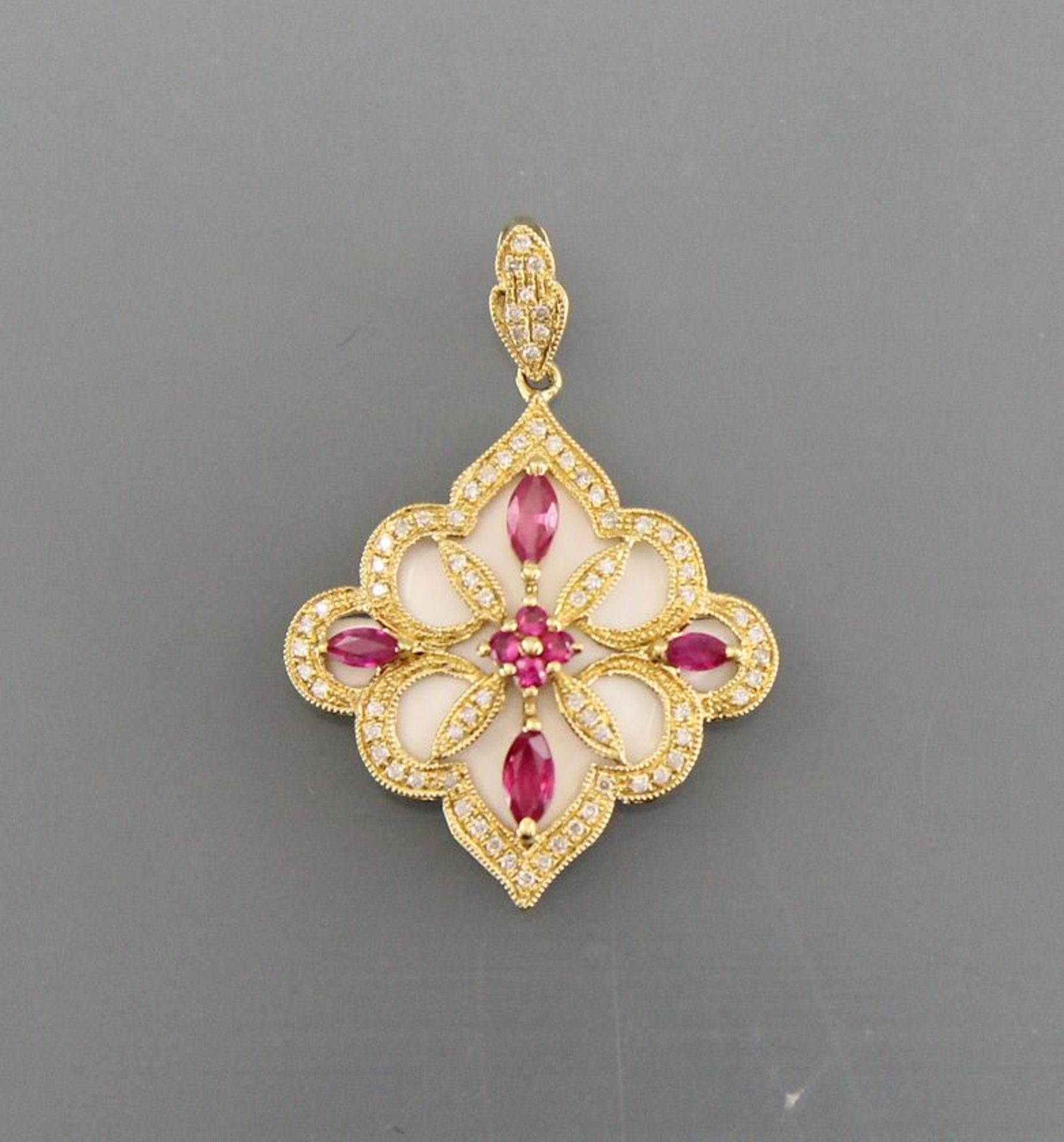 Pendant 18ct. yellow gold with bone plate, eight rubies, total 0.45 ct. and small diamonds total 0.