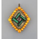 Pendant 800 silver with malachite and amethyste, surrounded by amber pearls, h. 74 mm, Germany ~