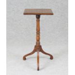 Rare inlaid tripod candlestand Turned mahagoni stand, square inlaid plate, h 72 cm, England late