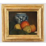 German painter of the 19th century Painting, oil on board, still life with apples and chinese