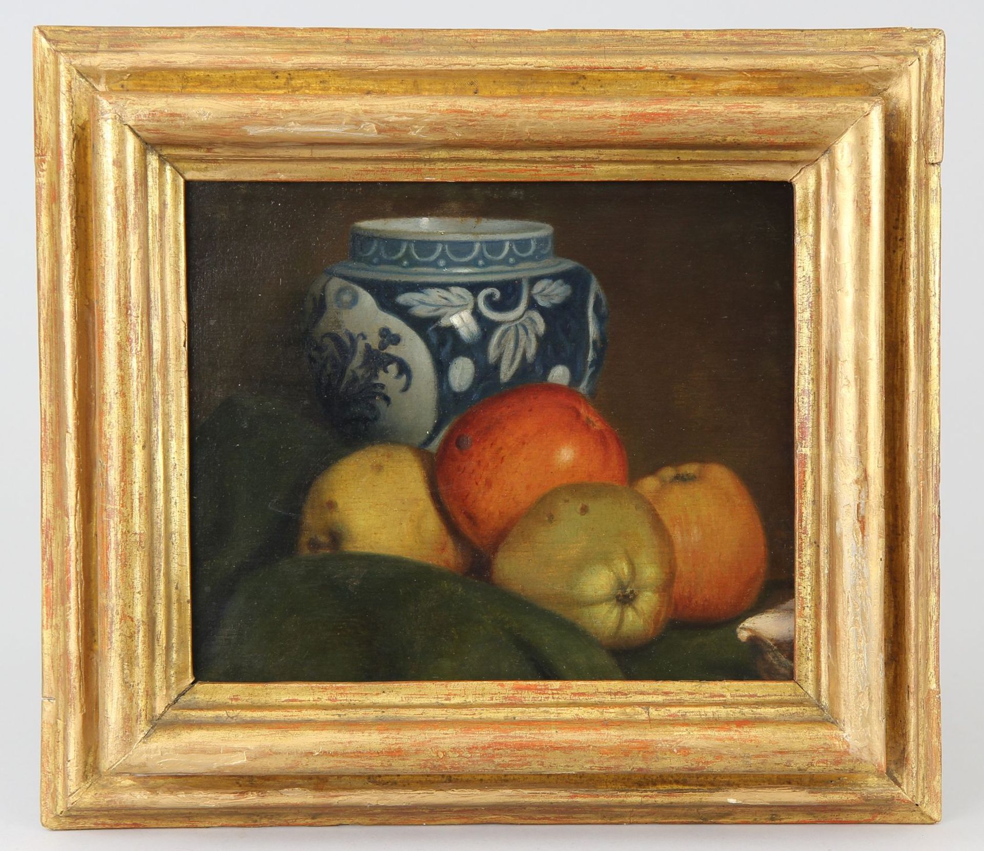 German painter of the 19th century Painting, oil on board, still life with apples and chinese