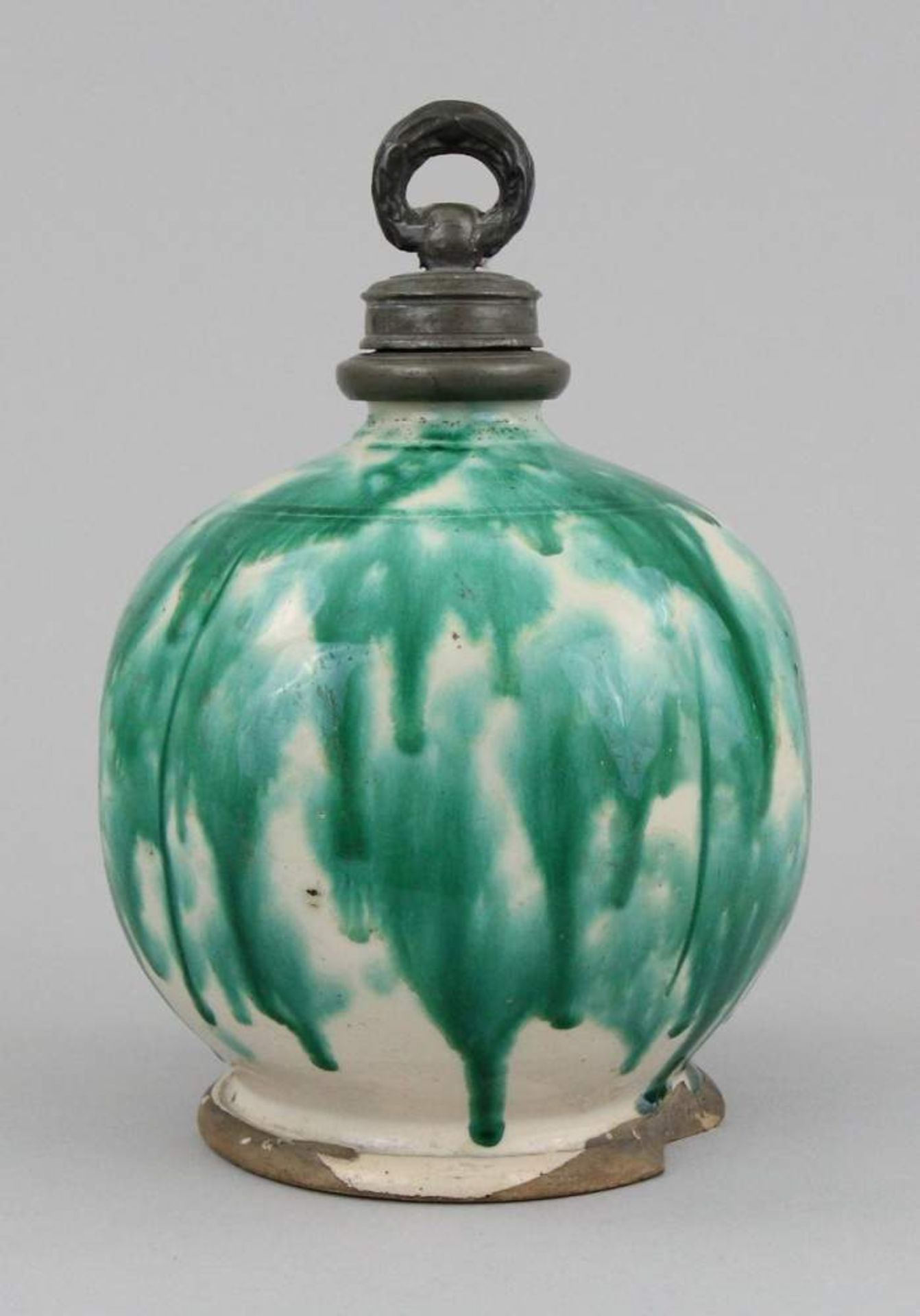 Bottle Green coloured faience, pewter mounting, h. 20.5 cm, Gmunden Austria c.1800, chip to the - Image 2 of 4