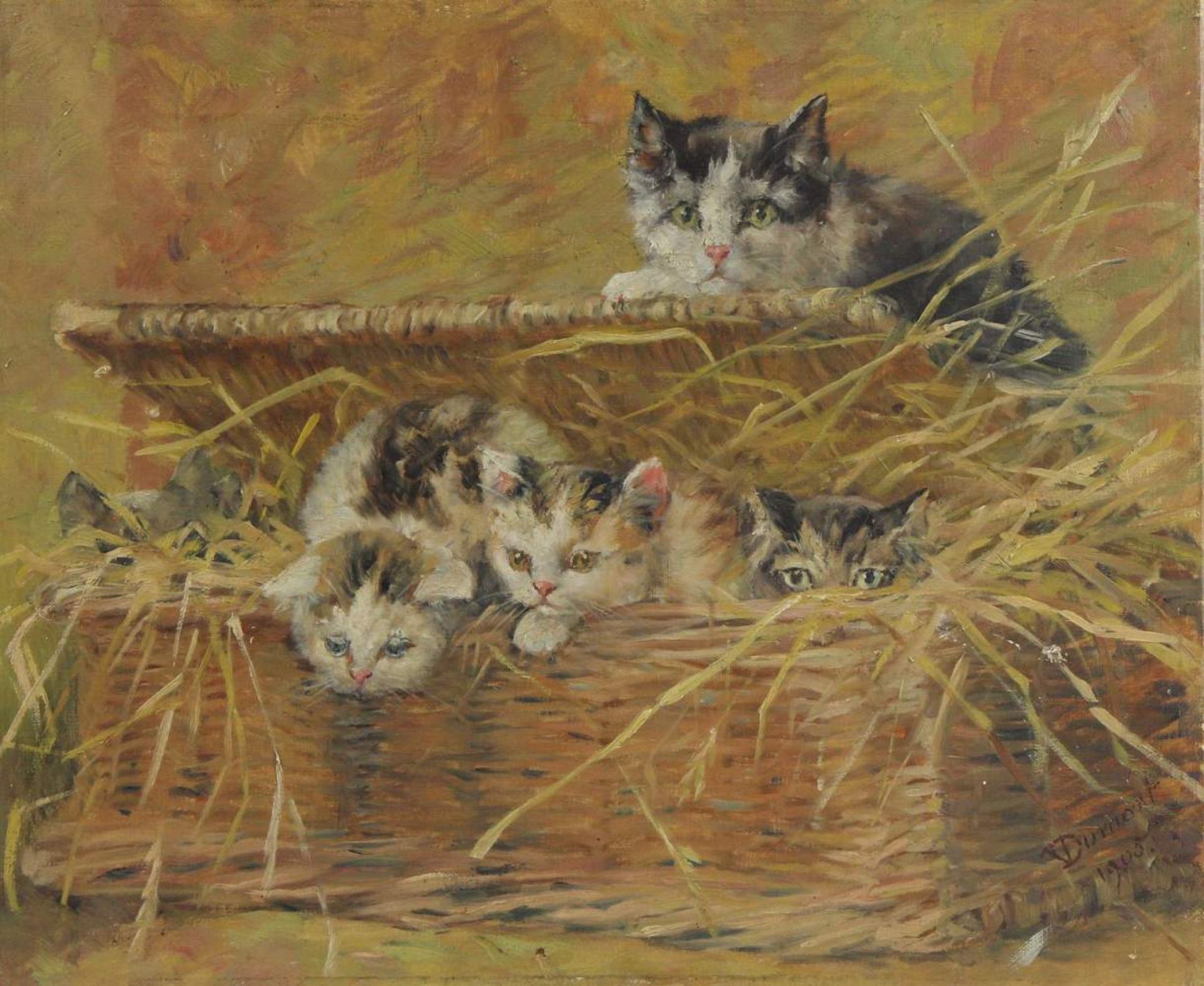 Dumont,V. (French 19th/20th century painter Paintig, oil on canvas, five cats playing in a braided