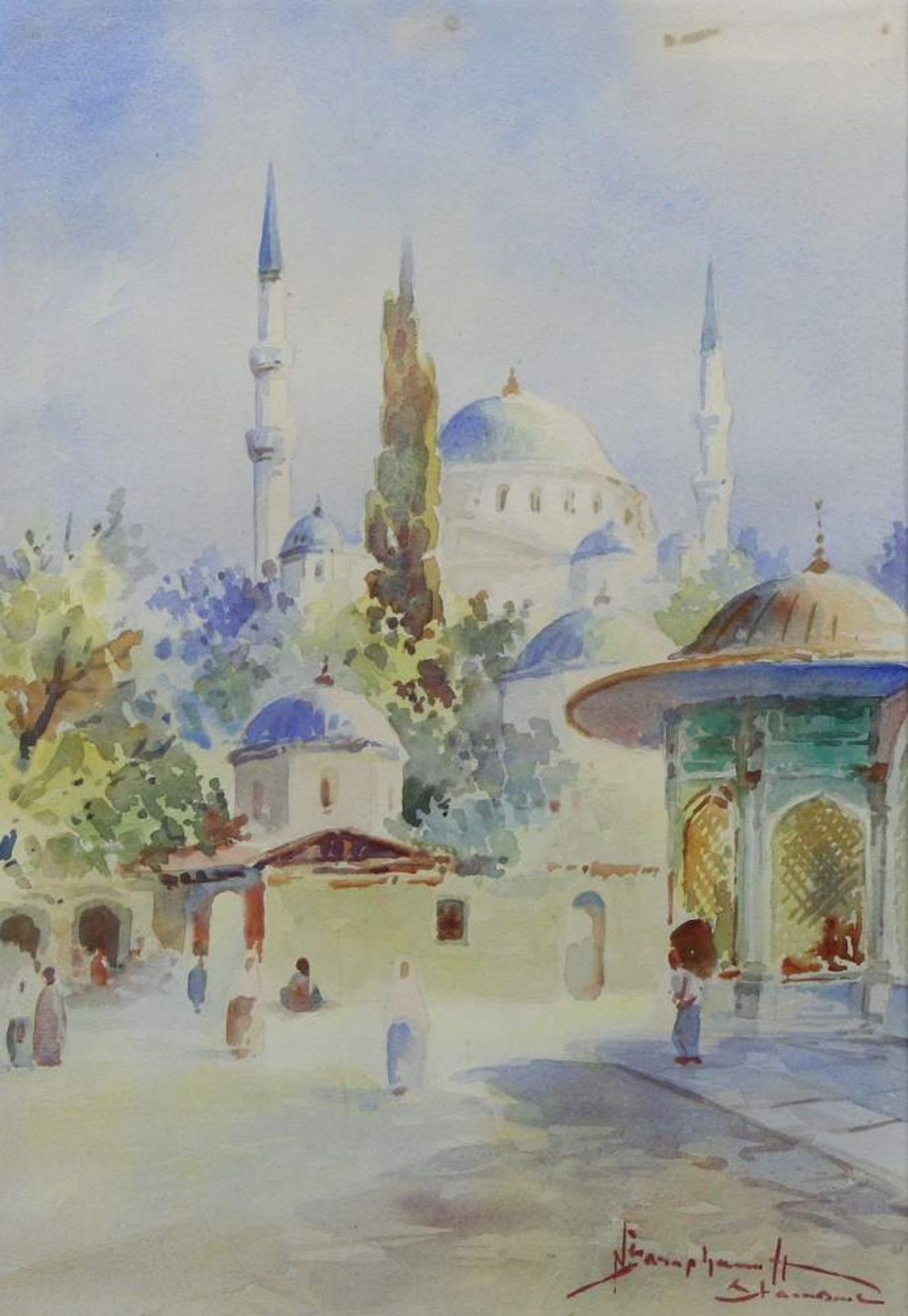 Turkish 20th century painter Watercolour, view of the Sultan-Ahmad Mosque (Blue Mosque) in Istanbul,