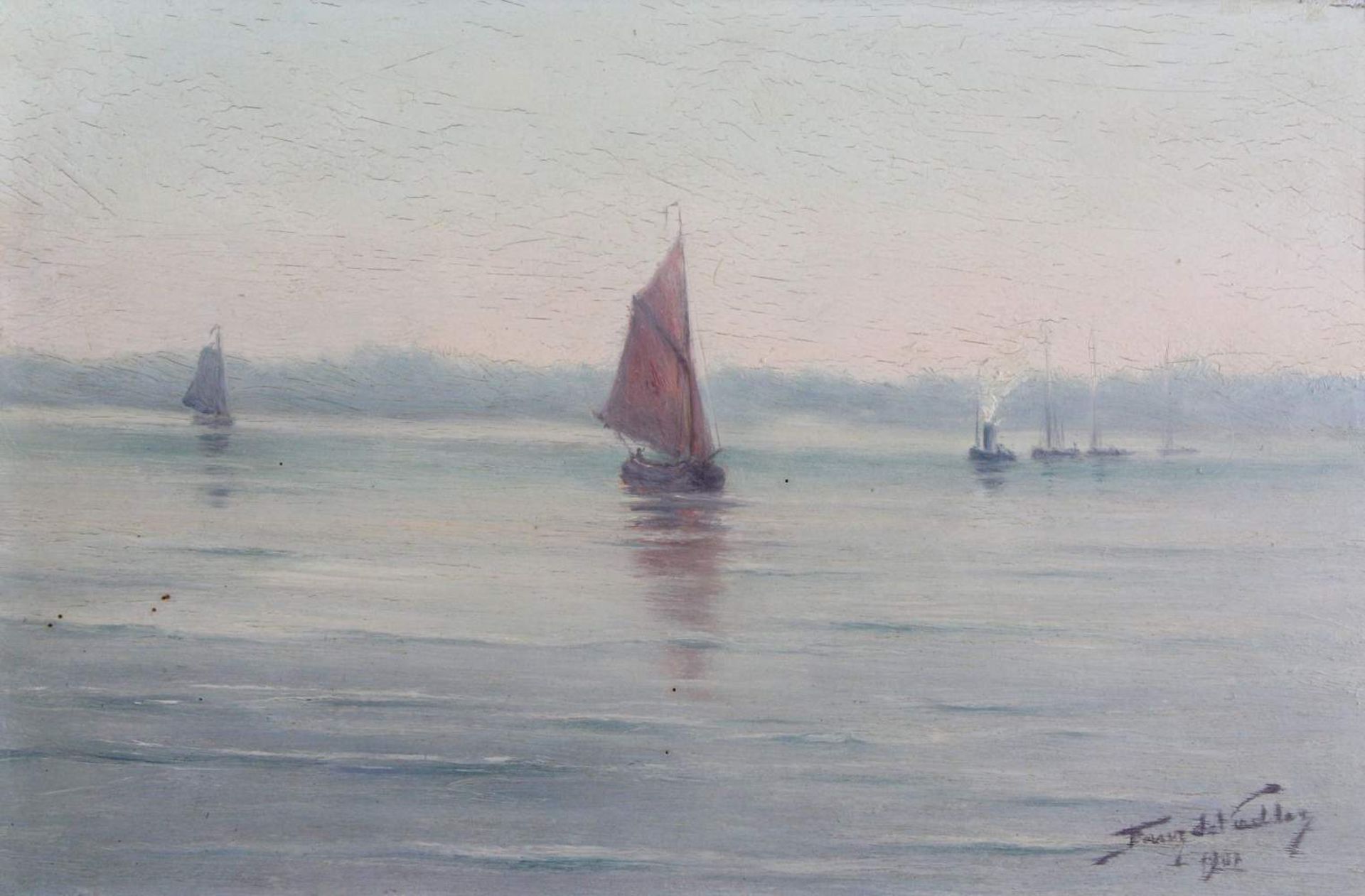 de Vadder, Frans (Brügge 1862 - 1931 Brügge) Painting, oil on board, morning scene on the Schelde ( - Image 3 of 4