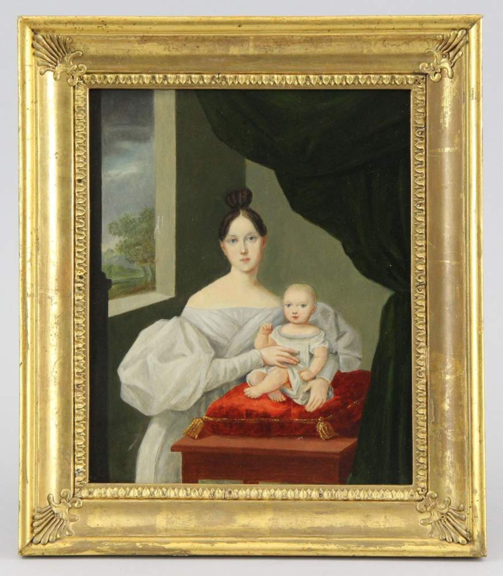 Austrian early 19th century painter Painting, oil on board, portrait of a young mother with a