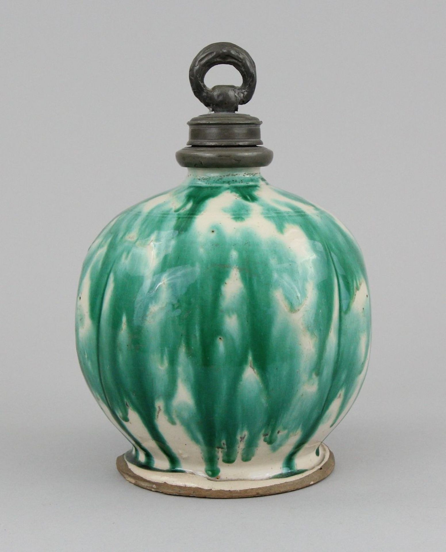 Bottle Green coloured faience, pewter mounting, h. 20.5 cm, Gmunden Austria c.1800, chip to the