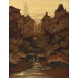 Theodor Francis. Goedvriend (1879 de Steeg-1969),"Bogenbrücke über einen Bach mit Häusern im