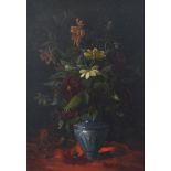 Ernst Nordhoff (1852 Neustrelitz - ?)Blumenstilleben in blauer Vase auf rotem Tuch, Öl auf Leinwand,