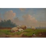 Jacob van Dieghem (Niederlande, 1843 - 1885)Schafe und Enten, Öl auf Holz, 22,5 cm x 35 cm Sichtmaß,
