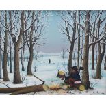 Ana Veric' (1928 Babina Greda, Kroatien)Rast am Lagerfeuer im Winterwald, Öl auf Platte, 65 cm x