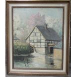 SCHOLL, W. (deutscher Maler 19./20. Jh.), Gemälde: "Wassermühle vor blühenden Obstbäumen", Öl auf