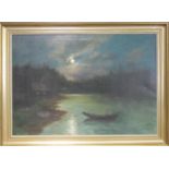 GEMÄLDE: "Seenlandschaft bei Vollmond", Öl auf Leinwand, u. l. unleserlich signiert, um 1900,