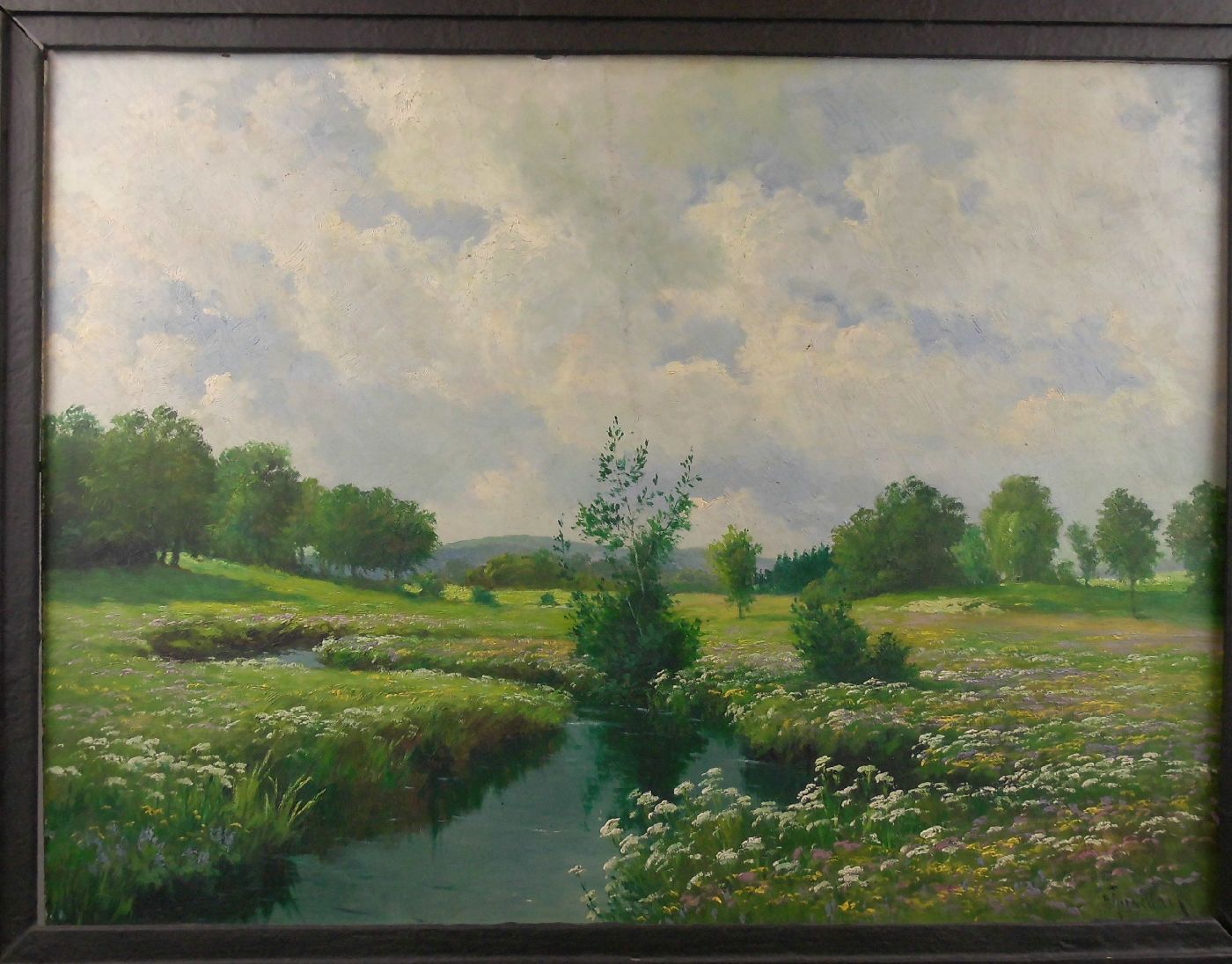 GUNDLACH, HENRY (1884-1965), Gemälde: "Frühlingslandschaft mit Bachlauf", Öl auf Hartfaserplatte, u.