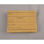 SCHATULLE für Feldpost, WK II, druckbezeichneter bräunlicher Karton mit handschriftlichem Vermerk "