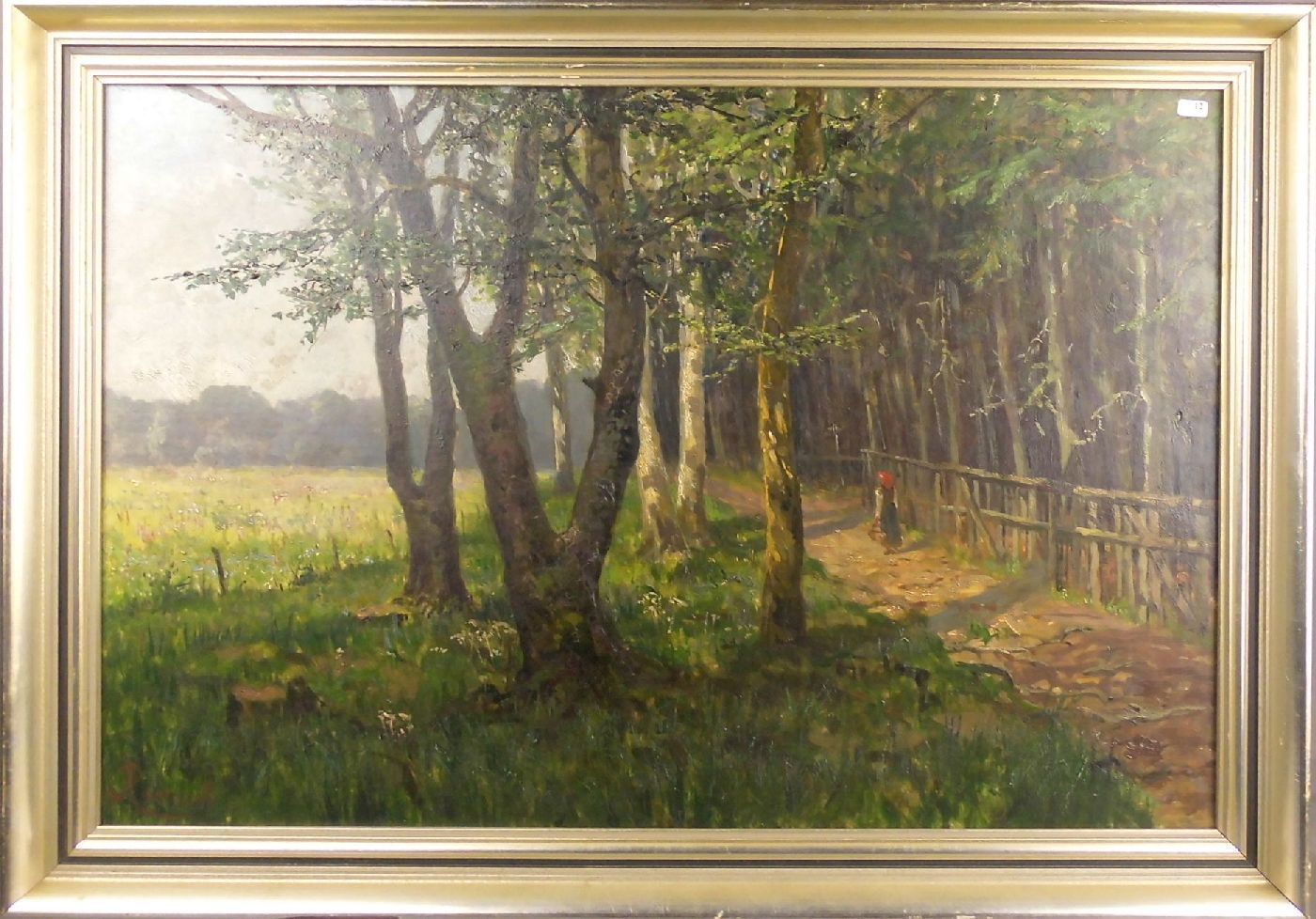 ROUSSET (Jules Rousset ?, 1840-1921), Gemälde: "Sommerlicher Feldweg am Waldrand", Öl auf