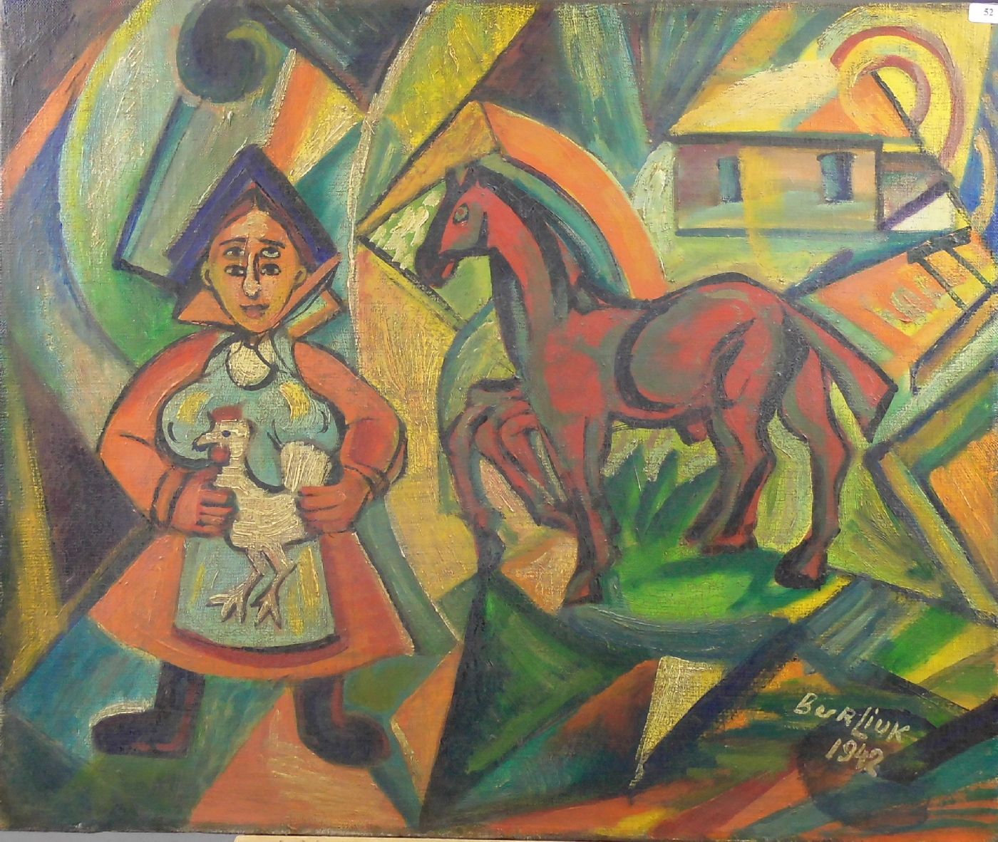 BURLIUK, DAVID (Semirotovscina 1882 - 1967 Long Island), Gemälde: "Landfrau mit Hahn und Pferd",