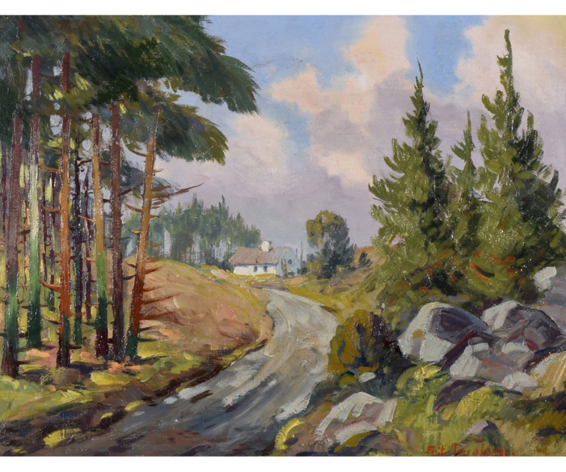 Fritz JACOBSEN, dänischer Künstler, *1914; Öl auf Leinwand "Waldweg"; re. unten sign.; 40 cm x 50