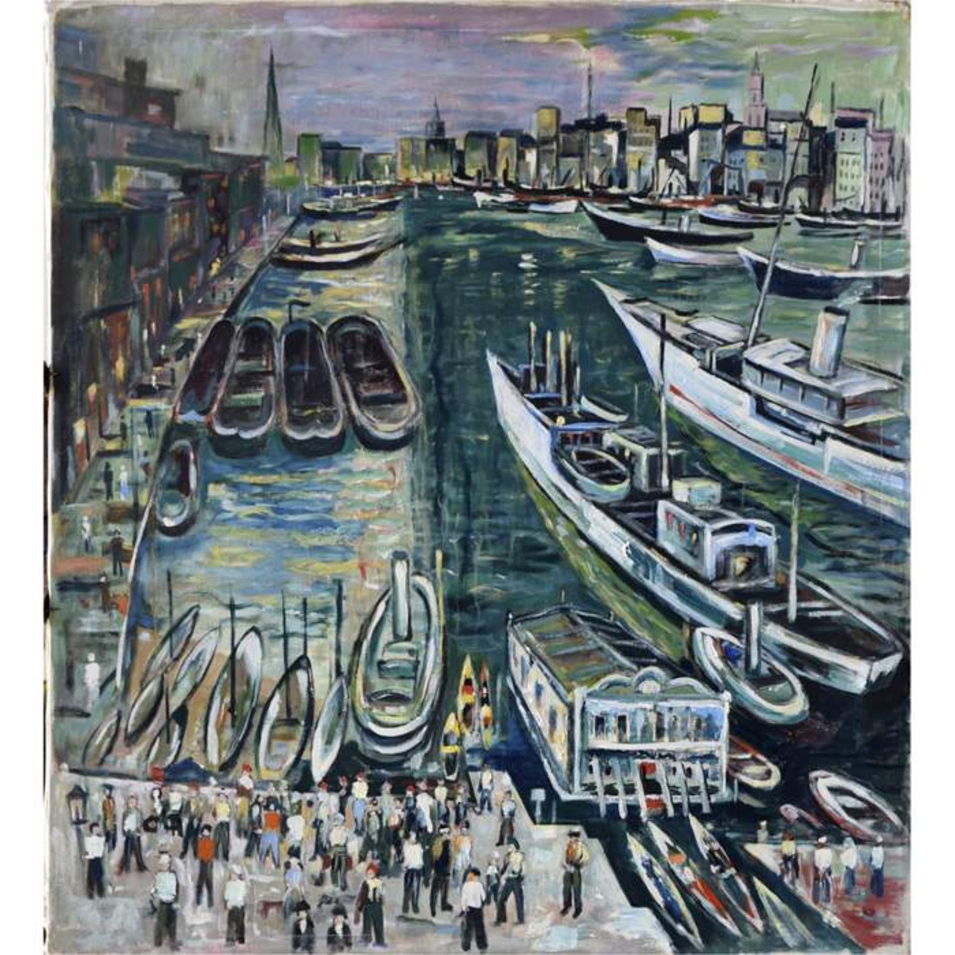 ungedeuteter Künstler; 20. Jhd.; Öl auf Leinwand "Hafenansicht"; 81 cm x 91 cmAufrufpreis: 80 EUR