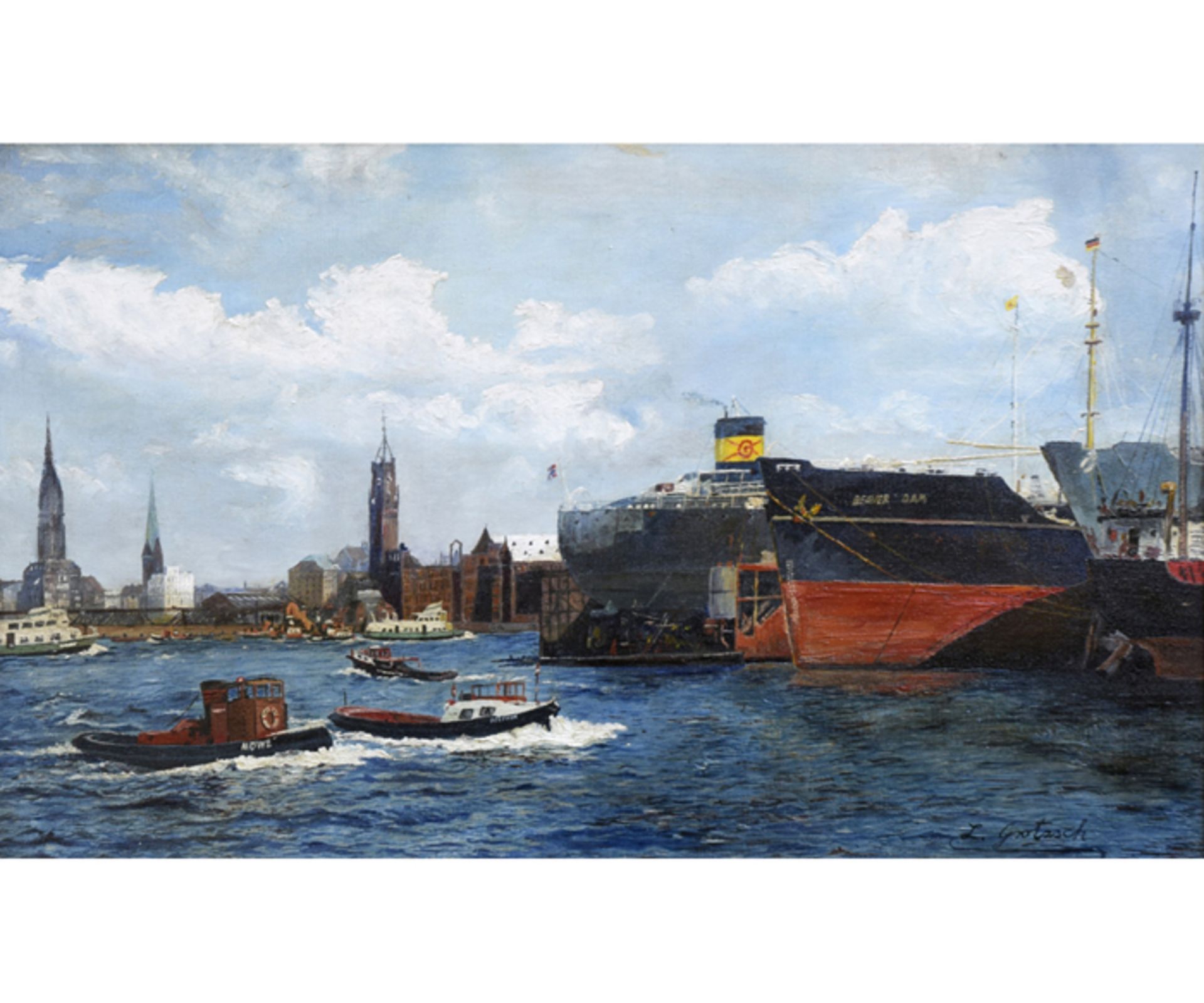 ungedeuteter Künstler; 2. Hälfte 20. Jhd.; Öl auf Leinwand "Hamburger Hafen"; re. unten sign. u.