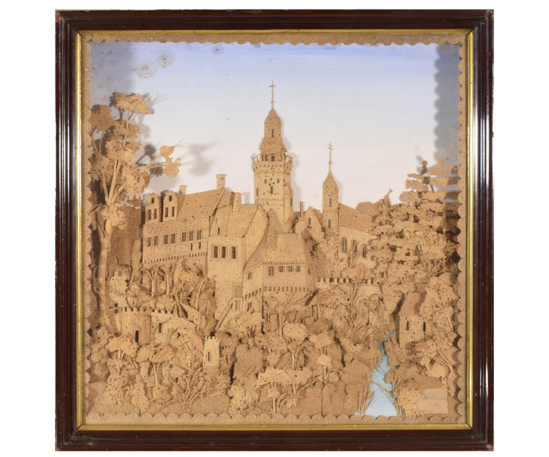 fein geschnittenes Kork-Bild, Mitte 19. Jhd., "Schloss Falkenstein im Harz"; im originalen