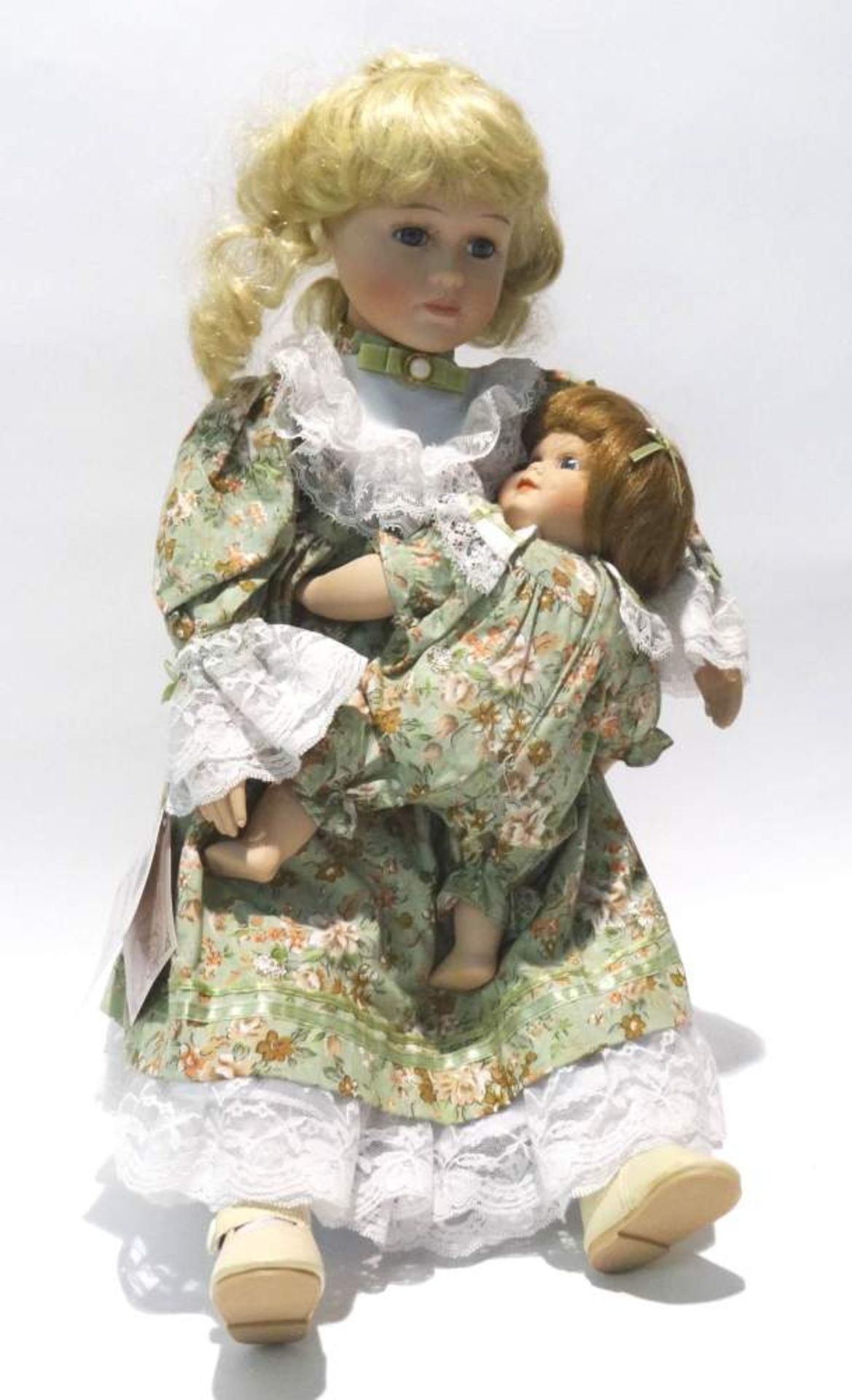 Mutter-Kind Puppemit Aufsteller, Höhe ca. 47cm, Puppe mit Echthaar, sehr schöne Handarbeit