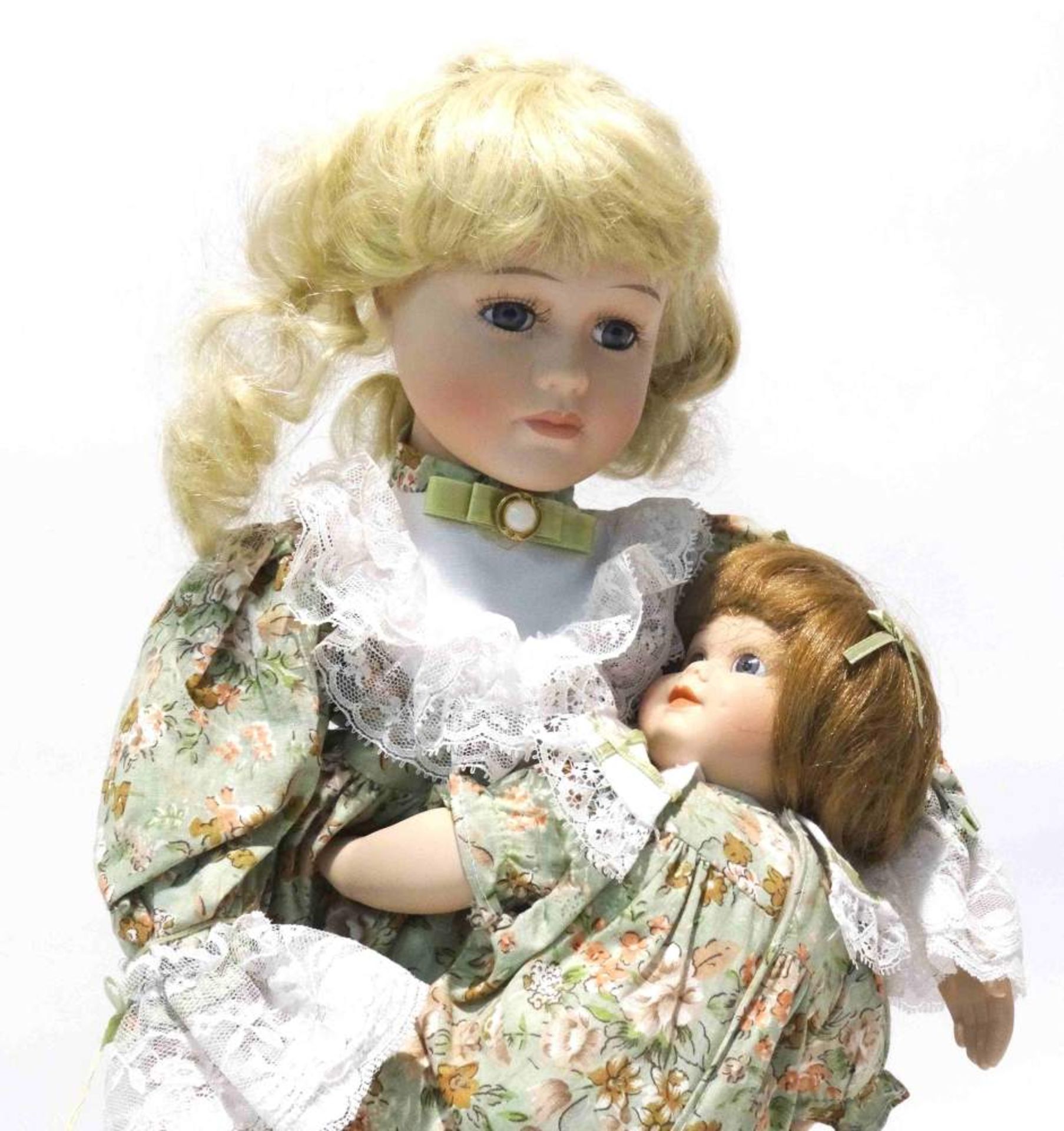 Mutter-Kind Puppemit Aufsteller, Höhe ca. 47cm, Puppe mit Echthaar, sehr schöne Handarbeit - Bild 2 aus 3