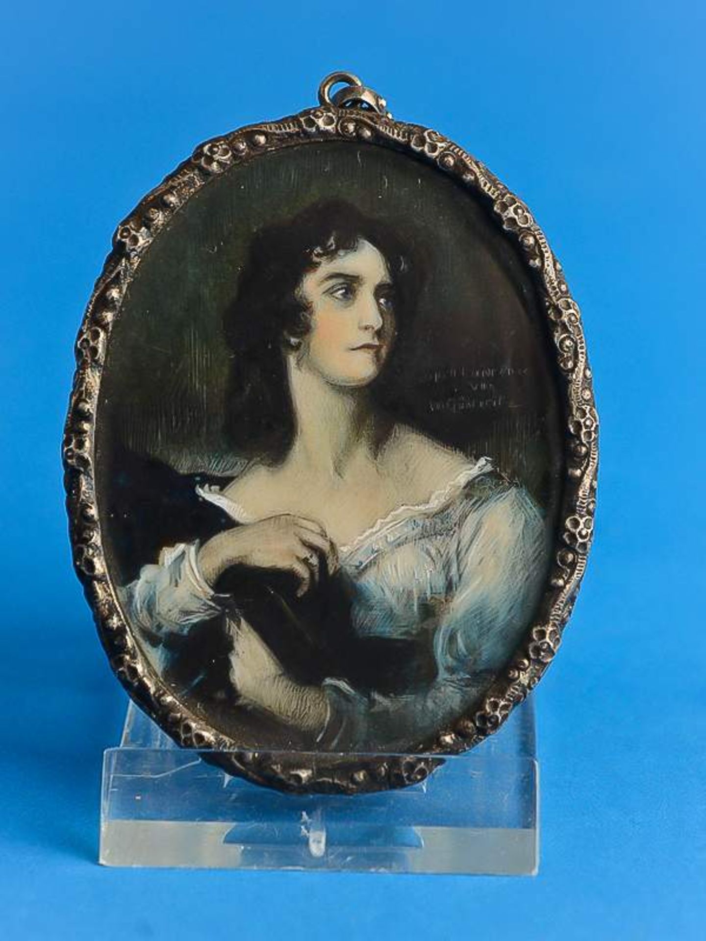 Kleine Damenportrait-Miniatur (nach Thomas Lawrence), Anfang 20. Jh.Polychrome, weiß gehöhte