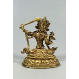 Bodhisattva Manjushri, Bronze vergoldet, Bodhisattva Manjushri auf Lotussockel, im Lotussitz, mit