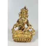 Vajrasattva Buddha, Bronze vergoldet, auf Lotussockel, Diamantenpose (Vajrasana), in der rechten