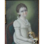 Miniaturbildnis, Bein, 19. Jh., Darstellung eines sitzenden Kindes mit Hund. Maße: 7,8 x 5,5 cm.