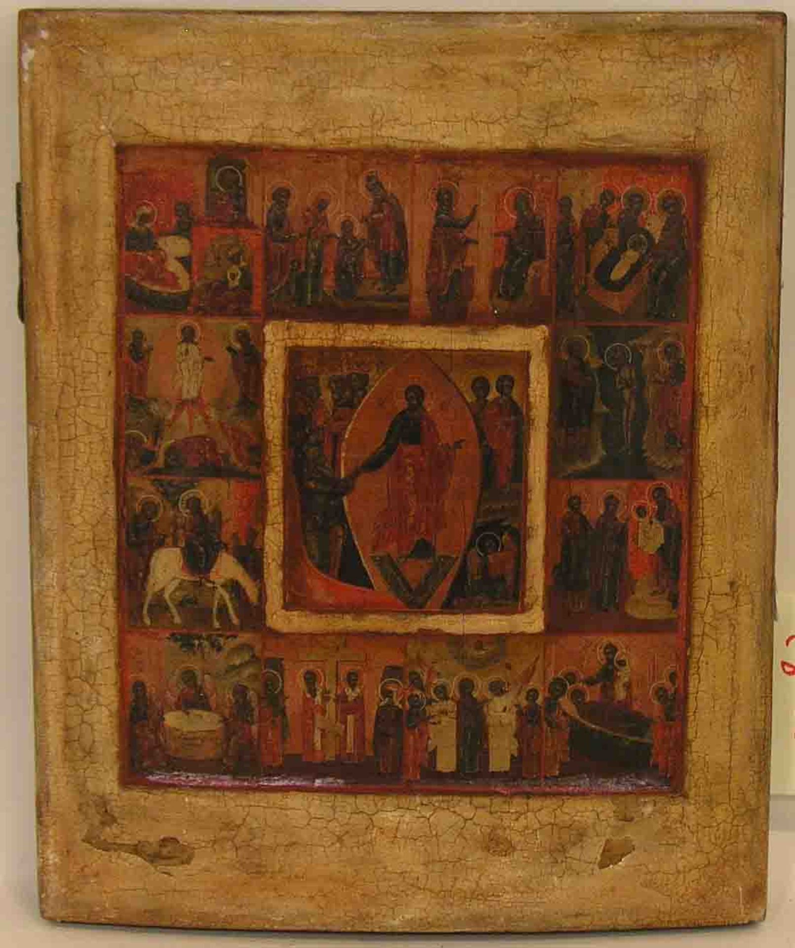Zwölffelder-Ikone. Zentralrussland. 18. Jh. Aus dem Leben Christi, 32,5 x 26,5cm;beschädigt.