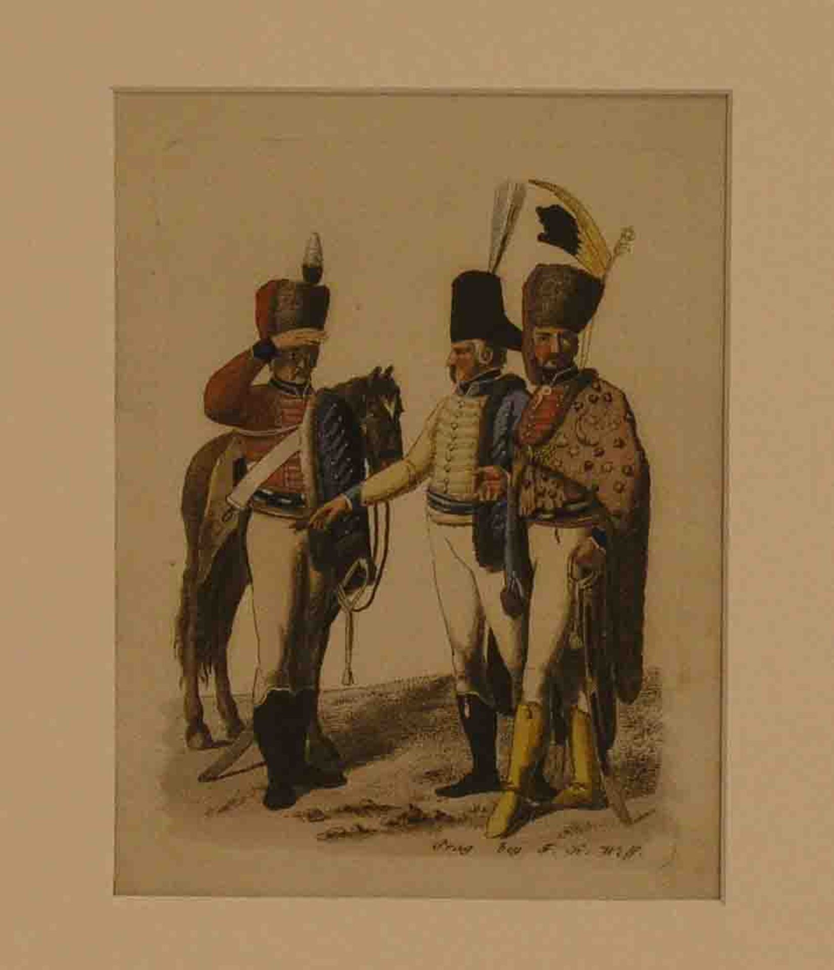 Militär:" Russische Ulanen". Kolorierter Kupferstich von Franz Karl Wolf, Prag 1802. 16 x12cm,