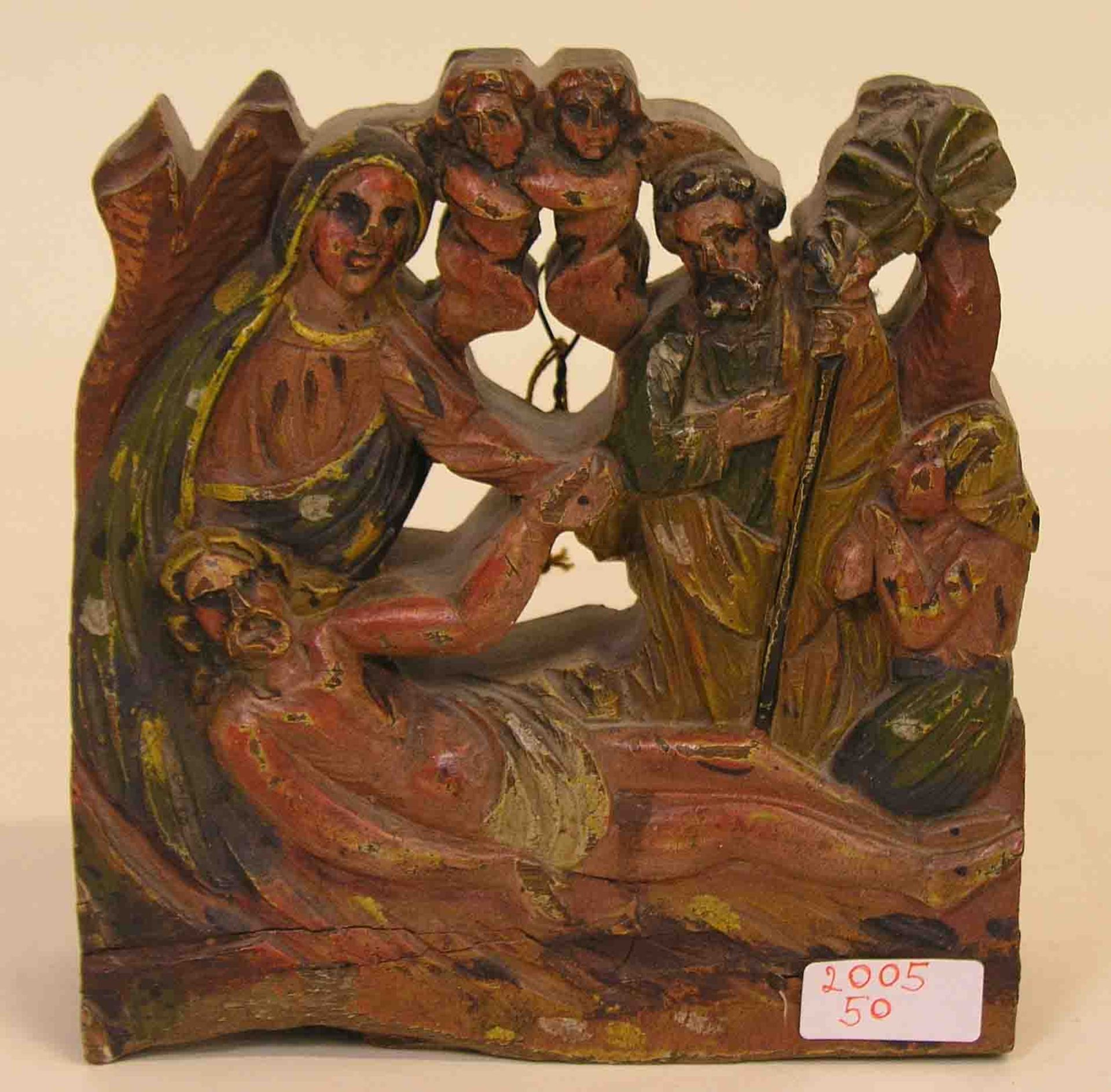 Grablegung Christi. 19. Jh. Holz geschnitzt, farbig gefasst, 20 x 18cm.  Mindestpreis: 50 EUR