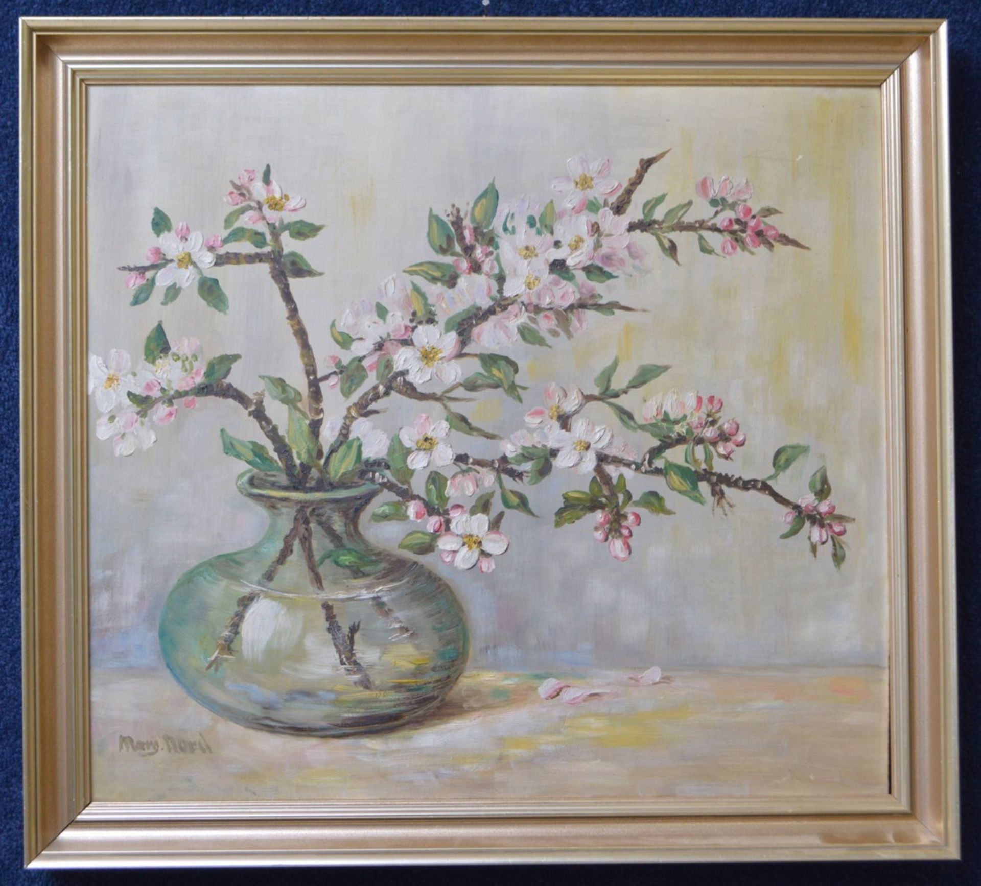 Unbekannter Maler  20. Jh., Blütenzweig in Glasvase, Öl/Hartfaserplatte, u.l.sign., 45 X 50 cm,