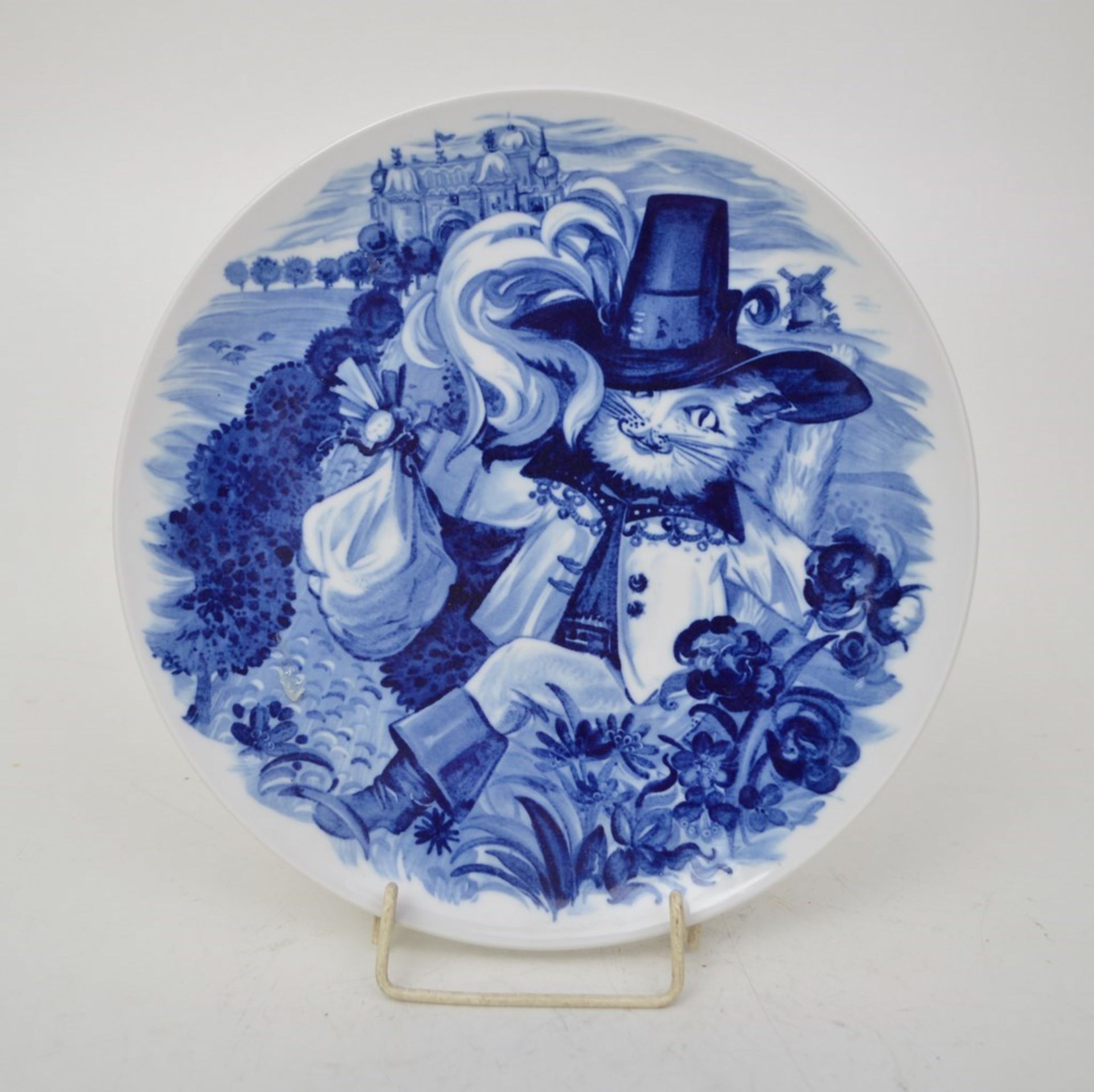 Märchenteller  Spiegel mit "Der gestiefelte Kater", Dm 26 cm, blaue Schwertermarke Meissen,