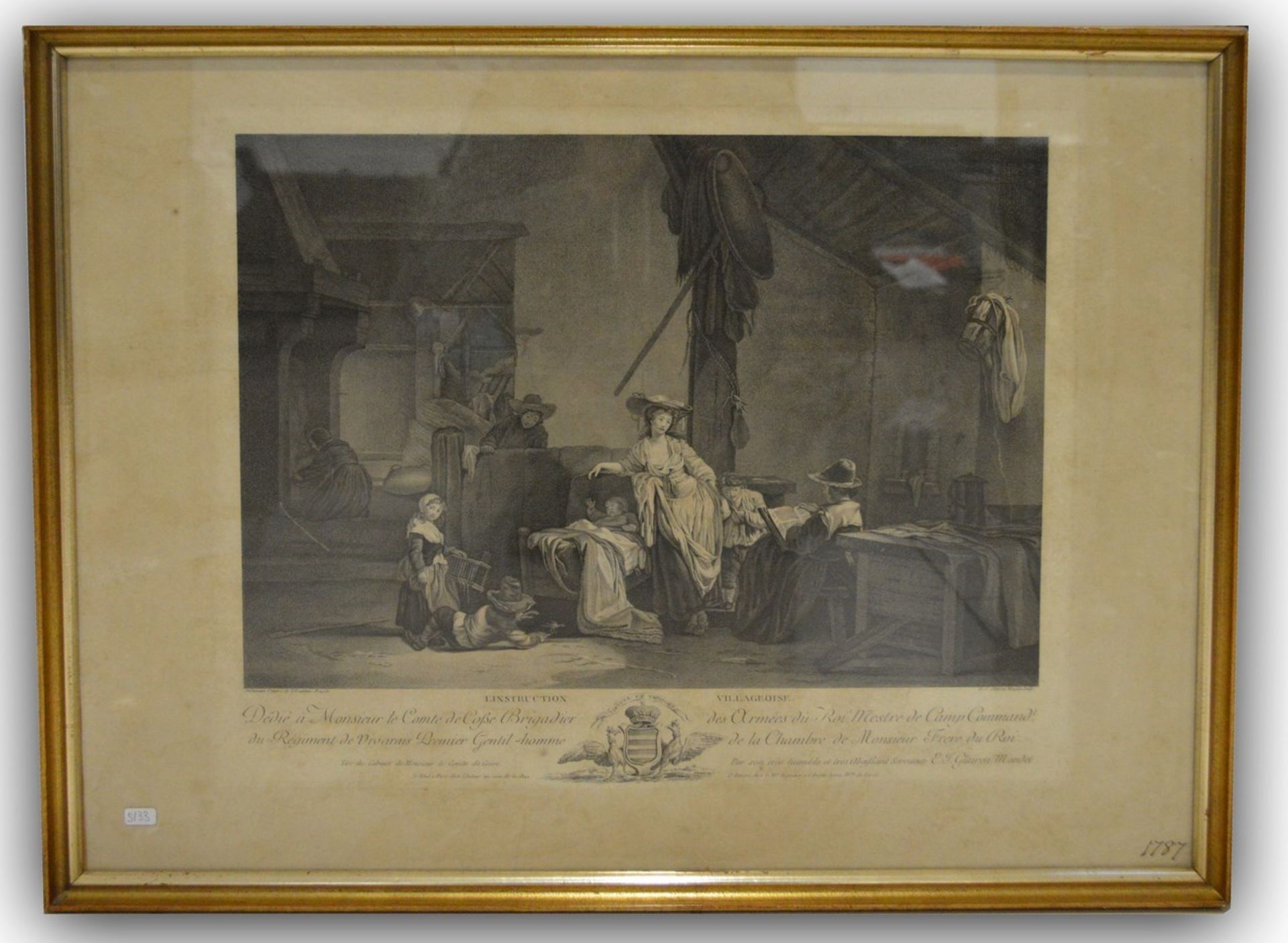 Kupferstich  Die Belehrung der Bürgerinnen, u.r. beschriftet und dat. 1787, im Rahmen, 52 X 67 cm