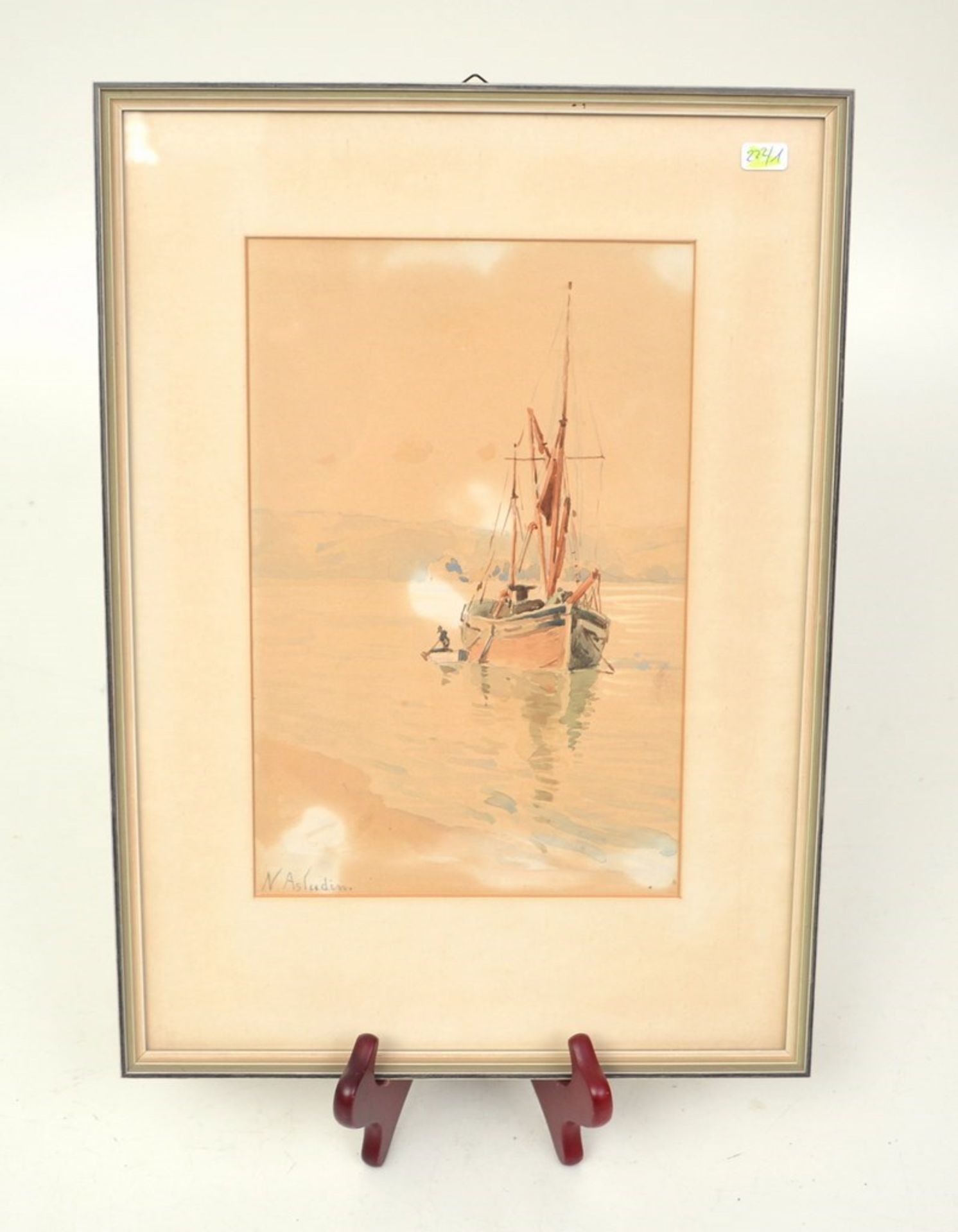 Aquarell  Fischerboot am Rheinufer, u.l.sign. Nikolai von Astudin (1848 Moskau-1925