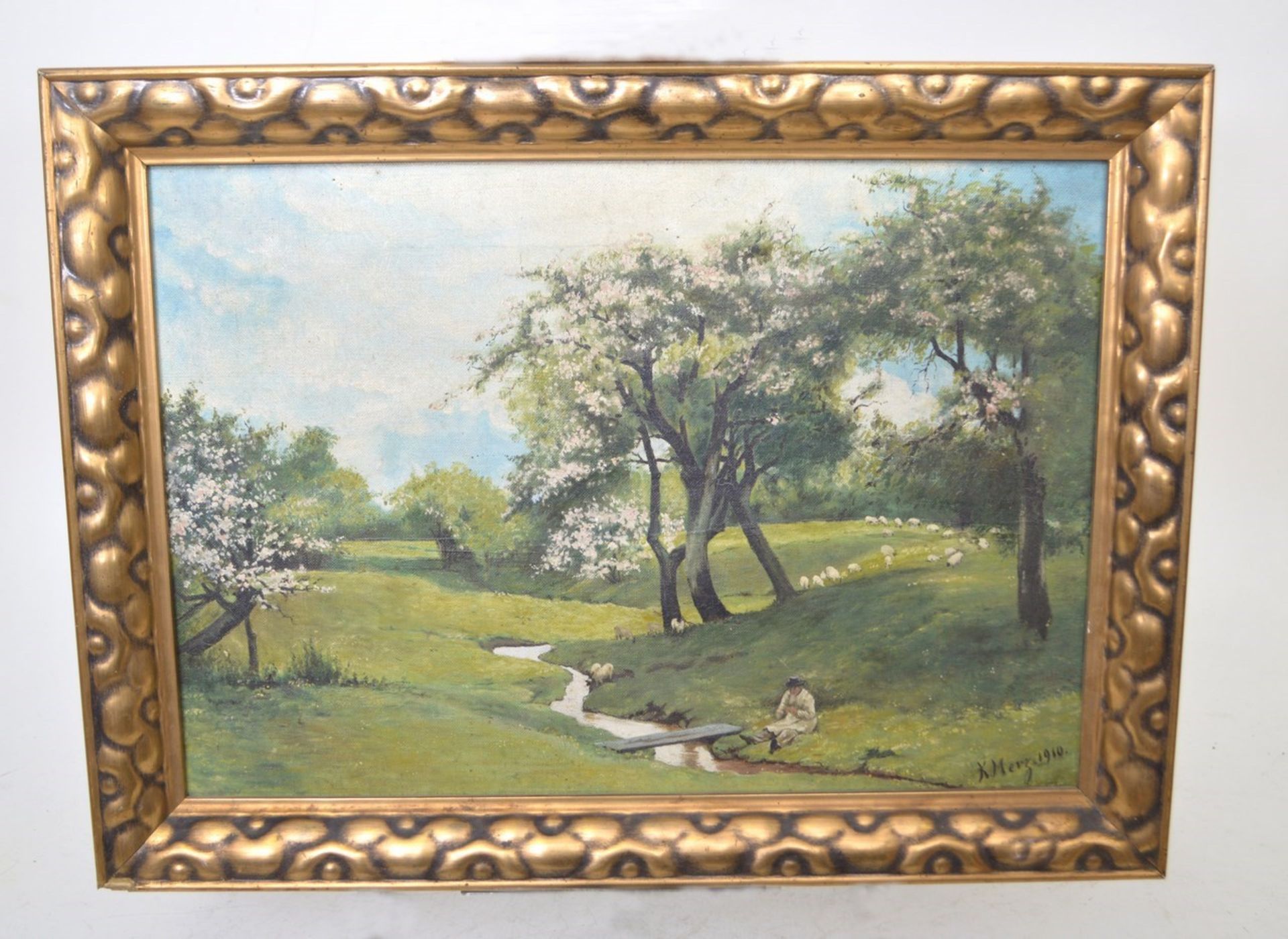 K. Merz  dat. 1910, Schäfer mit Herde, Bachlauf mit Steg und blühenden Bäumen, Öl/Lwd., u.r.sign.