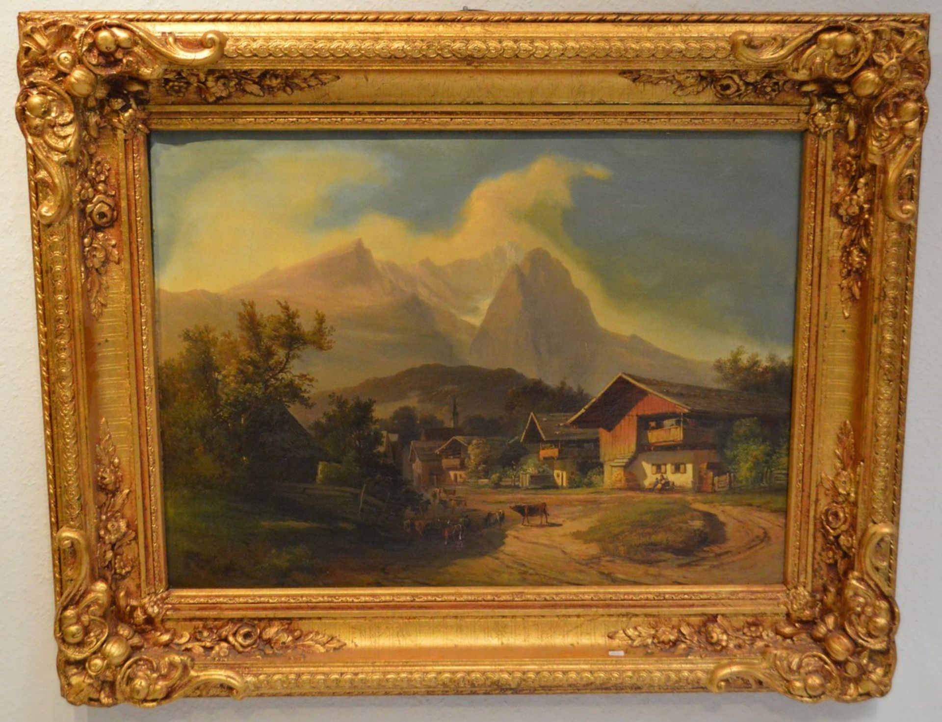 Unbekannter Maler  19. Jh., Ansicht von Partenkirchen, im Vordergrund Bauernhöfe mit Kuhherde, im