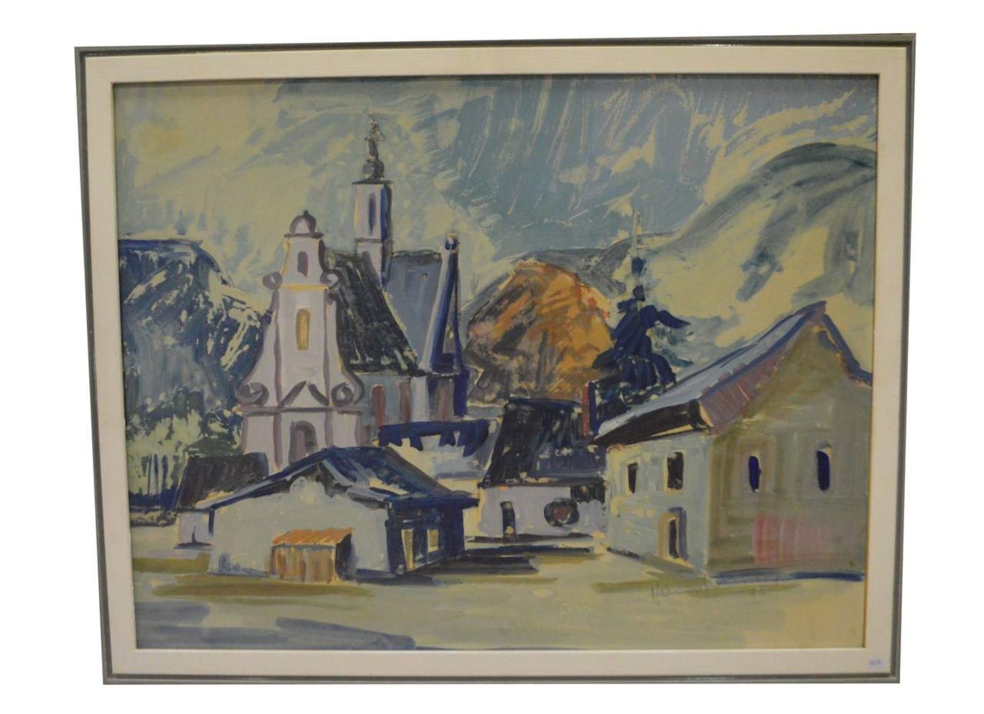 AquarellTeilansicht eines Dorfes mit Kirche, u.r.sign. Hanns Altmeier und dat. 75, im Rahmen, 66 X