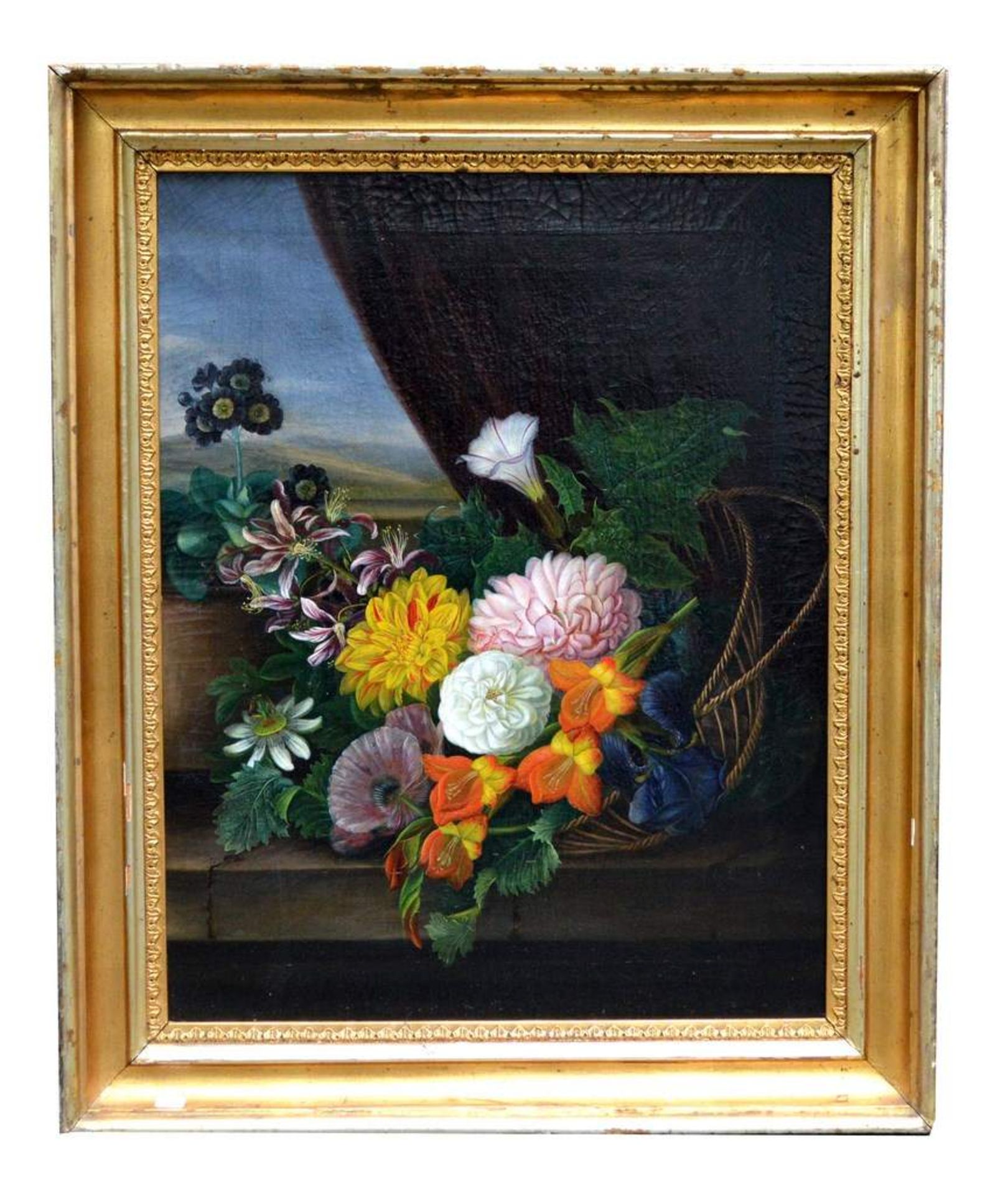 Friedrich Wilhelm Freidanck  -zugeschrieben-geb. 1809, Blumenstilleben, bunte Blüten im Korb vor