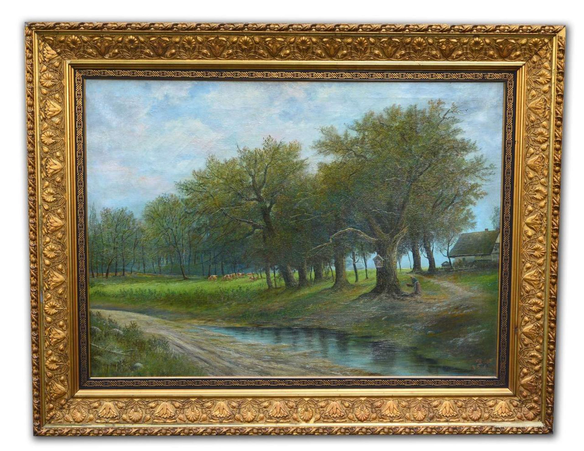 F. Brügerum 1900, Flusslandschaft mit Bäumen, im Hintergrund Bauerngehöft und Kuhherde, Öl/Lwd., u.