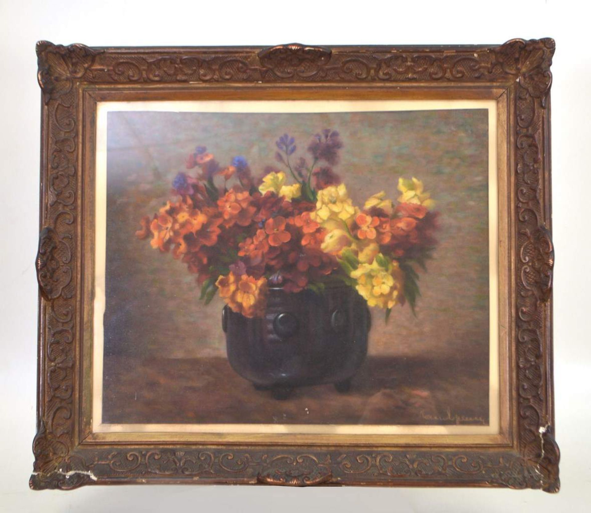Unbekannter Maler20. Jh., bunter Blumenstrauß in Keramikvase, Öl/Malpappe, u.r.sign., 49 X 59 cm,