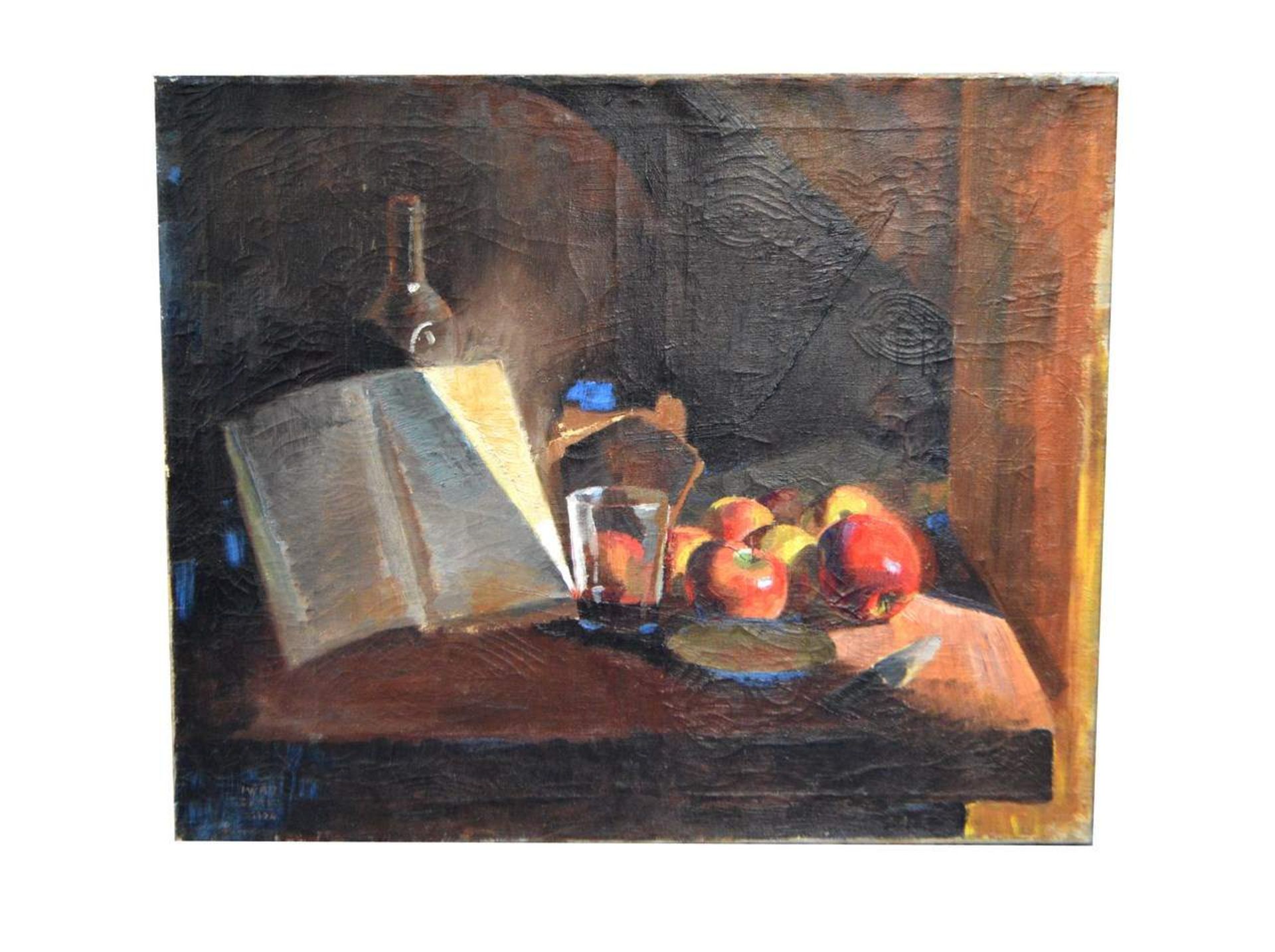 Iwan Cerf1894 Lüttich, Stillleben mit Äpfeln, Wasserglas und Buch, u.l.sign. Iwan Cerf und dat.