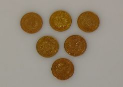 Reserve: 600 EUR        6 div. Goldmünzen 5 Mark 1877/Neuprägung 1977 G; Friedr. Grosherzog v.