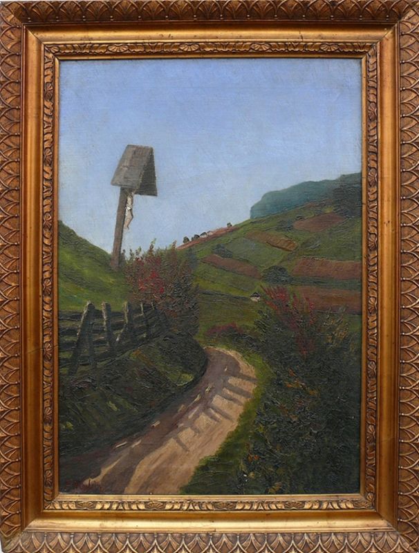 Wenglein, Adam (19./20.Jh.)"Landschaft mit Weinbergen"; von der Sonne angestrahlter Weg mit