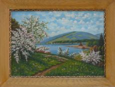 Ungerer (20.Jh.)"Frühling am Main"; ÖL/LW; Blick auf Wiesen u. blühende Bäume sowie den See; ca.